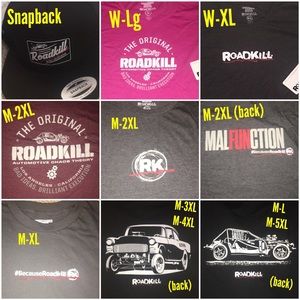 Roadkill T-shirt + hats. L, XL, 2XL, 3XL, 4XL, 5XL